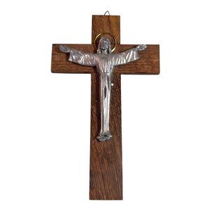 Vintage Crucifix Wooden Wall Cross Metal Jesus Figure Walnut Wood Religious